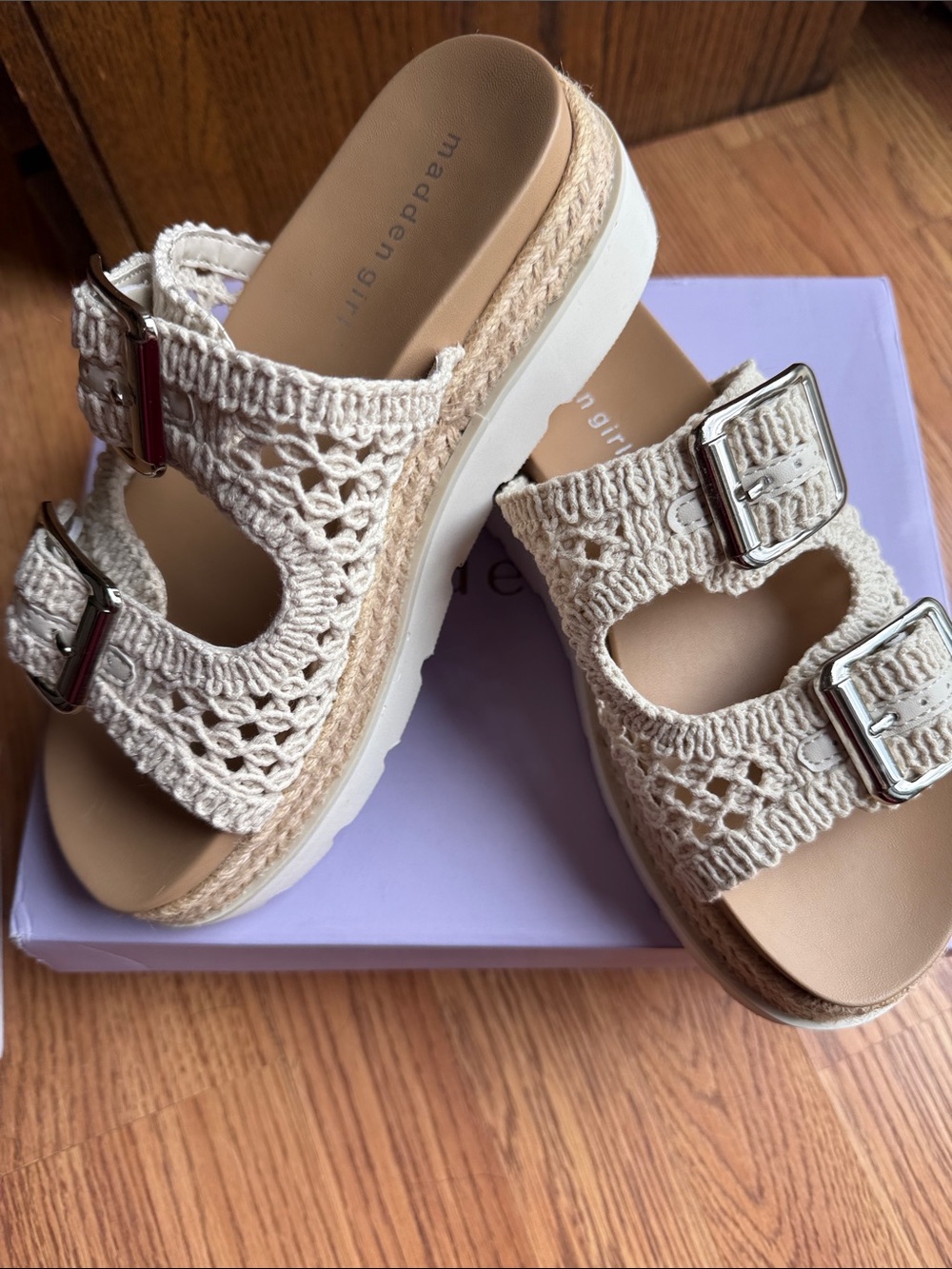Madden Girl Beige Crochet Double-Buckle Platform Sandals